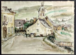 Dorpsgezicht met kerk in geel en groen - anoniem