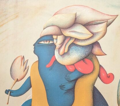 blauwe figuur met twee figuren hoofd lithografie van Reme Jörg