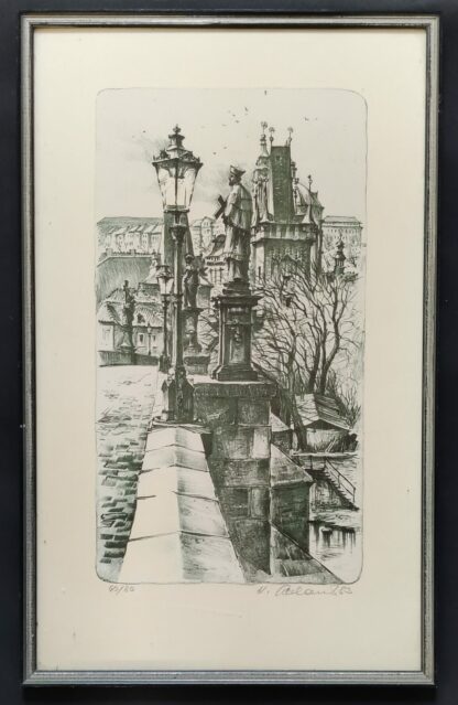 karelsbrug Praag Lithografie gesigneerd