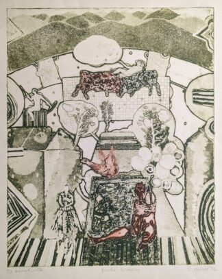 Groene surrealistische aquatint (1976) - onleesbaar