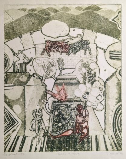 Groene surrealistische aquatint (1976) - onleesbaar
