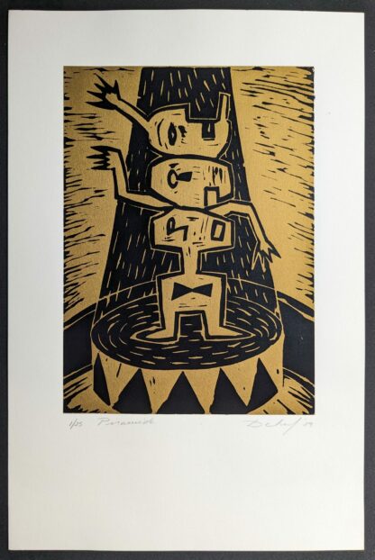 eddy de buf linosnede op gouden achtergrond de piramide